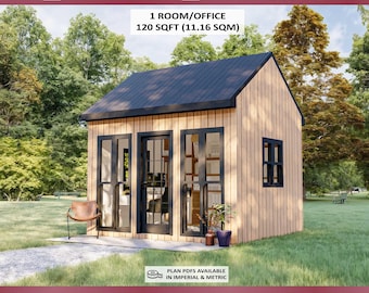 May include: A small wooden shed with a black roof and black-framed windows and doors. The shed measures 366 cm x 305 cm and is labeled as a 1-room office. The image includes text that says "44 pages PDF file" and "Plan PDFs available in imperial & metric."