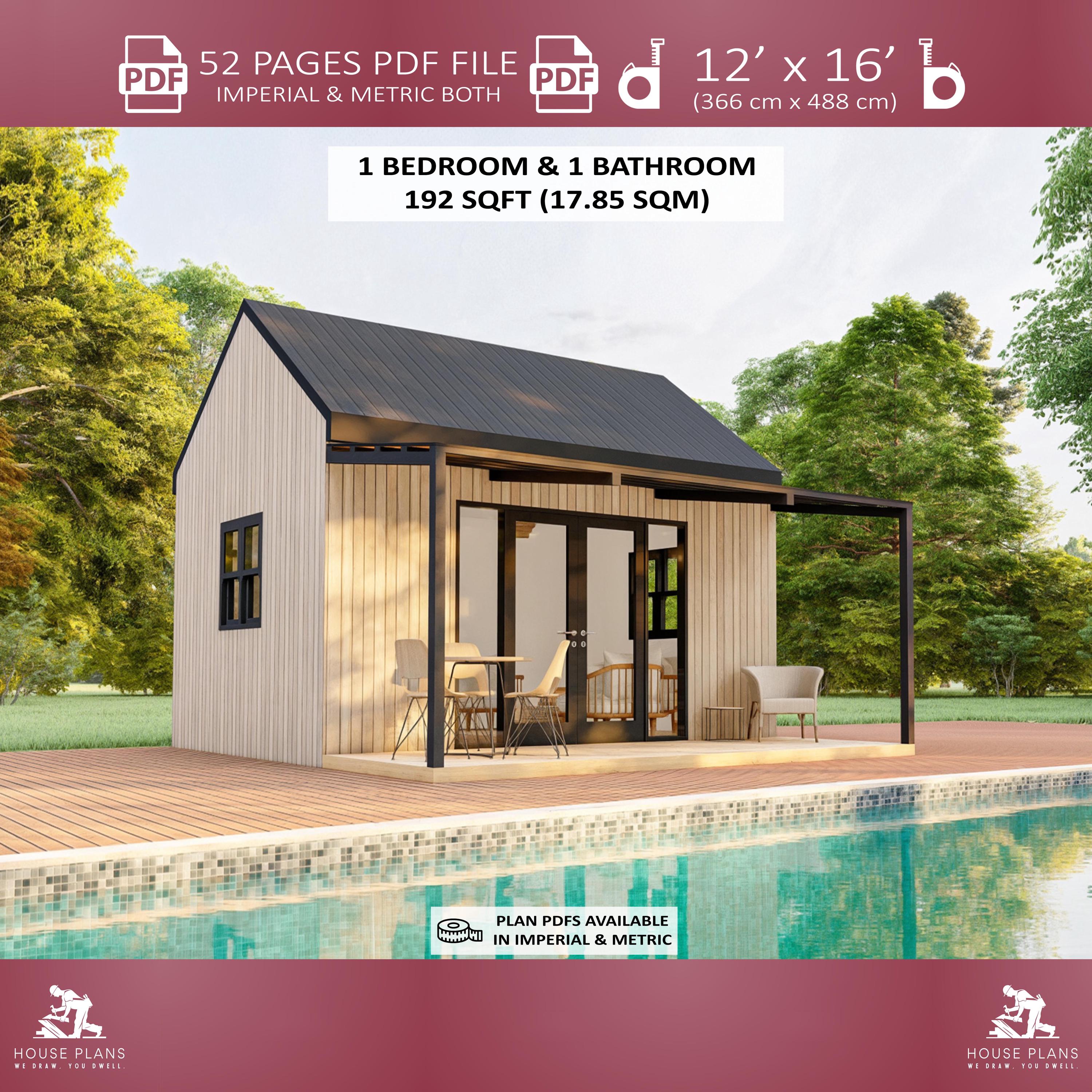 12' X 16' Pool House Plans, Tiny House Plan, 192 SQFT, Guest Cabin ...
