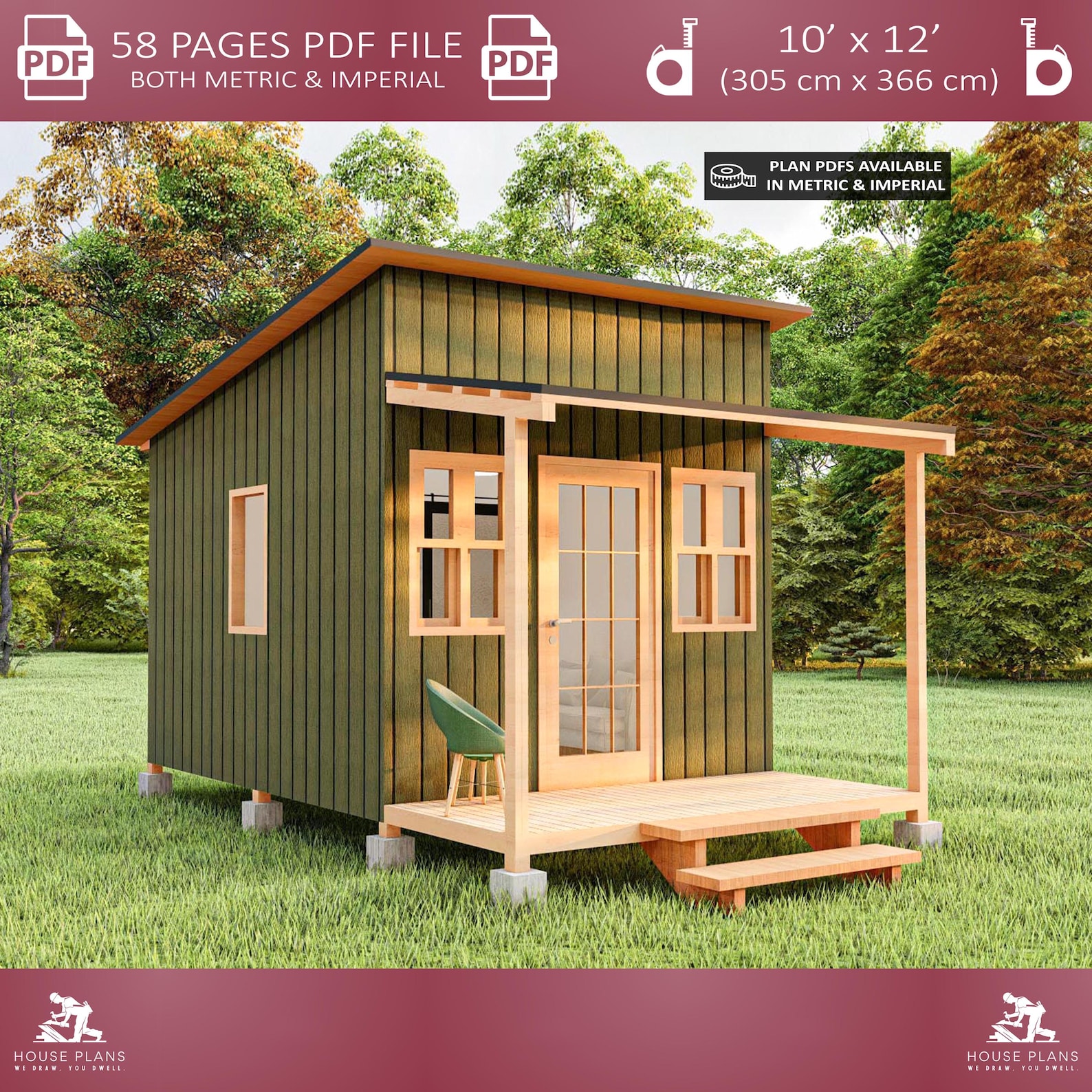 Modern Cottage House Plan 10x12, Cabin DIY, Tiny House Plans, Small ...