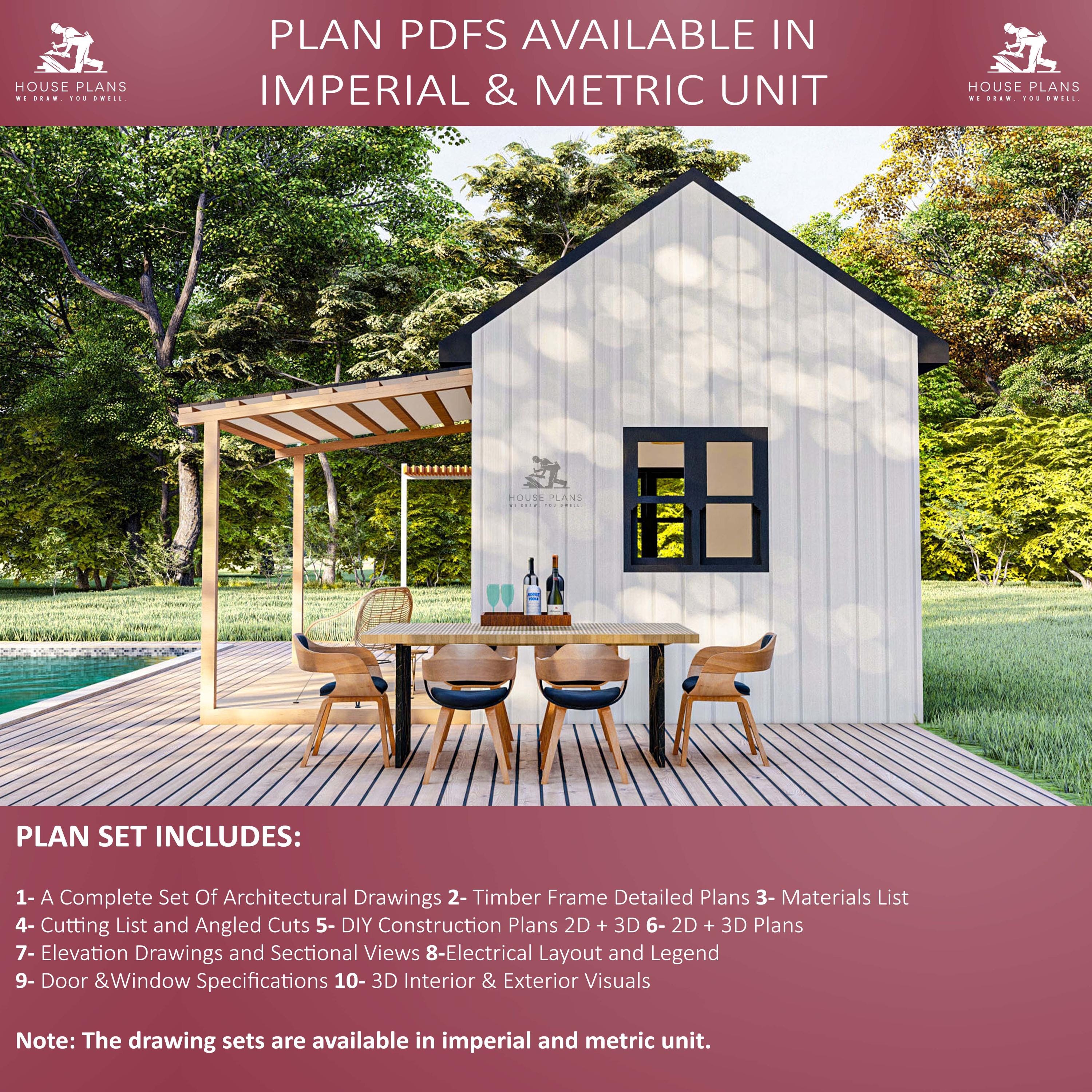 Pool House Plan 10x12, Small House Plans, 120 SQFT, Tiny Cabin ...
