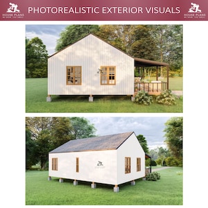 May include: Photorealistic exterior visuals of a white house with a brown roof and wooden window frames. The house is elevated on wooden supports and set against a backdrop of green grass and trees. The text "PHOTOREALISTIC EXTERIOR VISUALS" is at the top.