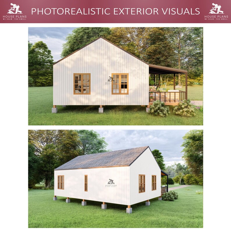 May include: Photorealistic exterior visuals of a white house with a brown roof and wooden window frames. The house is elevated on wooden supports and set against a backdrop of green grass and trees. The text "PHOTOREALISTIC EXTERIOR VISUALS" is at the top.