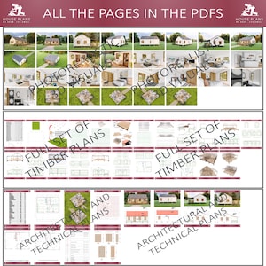 May include: A digital document displaying house plans, including 3D visuals, timber plans, and architectural and technical plans. The document is titled "ALL THE PAGES IN THE PDFS".