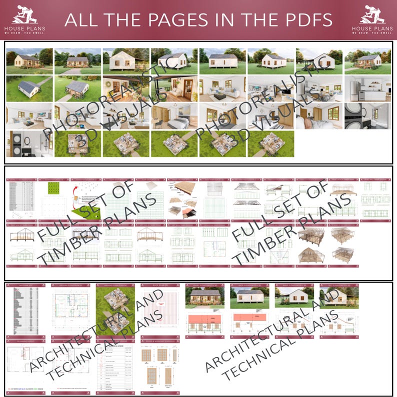 May include: A digital document displaying house plans, including 3D visuals, timber plans, and architectural and technical plans. The document is titled "ALL THE PAGES IN THE PDFS".