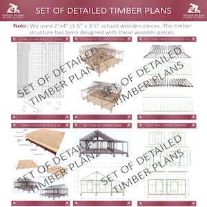 May include: Detailed timber plans featuring diagrams and 3D images of timber structures. The plans include cutting lists, angled cut details, and views of the timber frame. The text states the plans use 5.08cm x 10.16cm wooden pieces.
