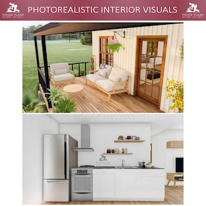 May include: Photorealistic interior visuals of a modern home. The image shows a deck with outdoor furniture and a kitchen with white cabinets and stainless steel appliances. The text "PHOTOREALISTIC INTERIOR VISUALS" is at the top.