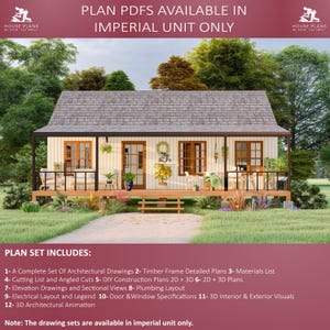 May include: A digital house plan illustration of a small house with a porch. The image includes text stating "PLAN PDFS AVAILABLE IN IMPERIAL UNIT ONLY" and a list of plan set details. The plans are available in imperial units.