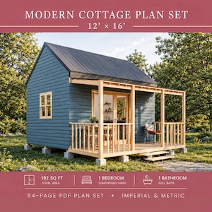 12'x16' Tiny House Plans, DIY Cabin Home 192 SQFT, Small House, Cottage, Adu Plan