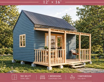12'x16' Tiny House Plans, DIY Cabin Home 192 SQFT, Small House, Cottage, Adu Plan