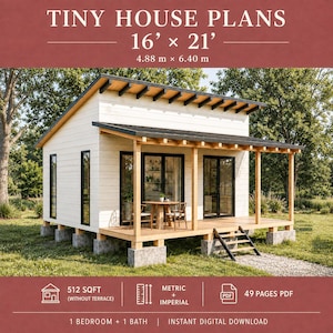Peut inclure: Plans de tiny house pour une structure de 4,88 m x 6,40 m. Le design présente un extérieur blanc avec une véranda en bois, des cadres de fenêtres noirs et un toit en appentis. Le document inclut 512 pieds carrés, une chambre et 49 pages PDF.
