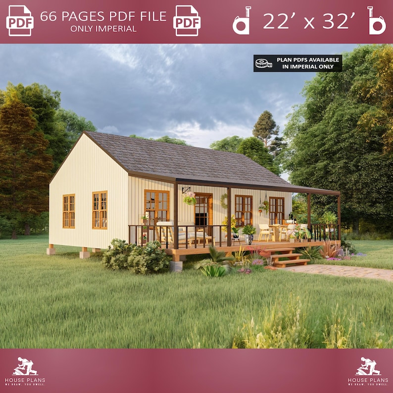 22' x 32' Barndominium Plans, Tiny House Plan, Small Cabin Blueprints, 2 Bedroom Farmhouse, Cottage Home image 1