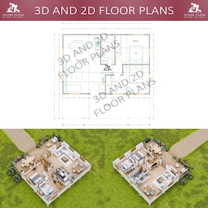 May include: Image displaying 3D and 2D floor plans. The top section shows a detailed 2D architectural blueprint. Below, two 3D renderings of a house are presented, providing a visual representation of the interior layout and design. The text "3D AND 2D FLOOR PLANS" is at the top.