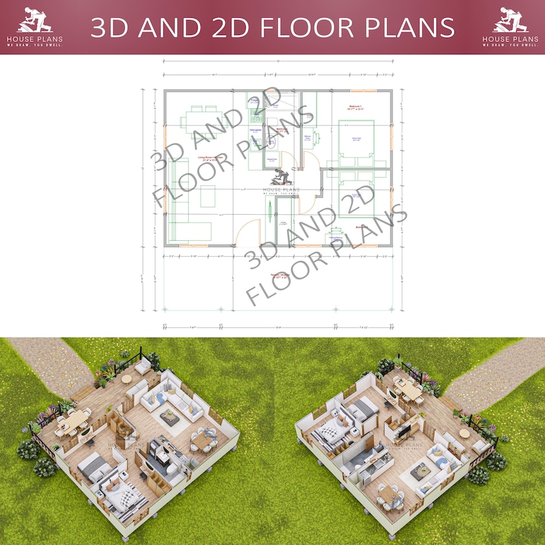 May include: Image displaying 3D and 2D floor plans. The top section shows a detailed 2D architectural blueprint. Below, two 3D renderings of a house are presented, providing a visual representation of the interior layout and design. The text "3D AND 2D FLOOR PLANS" is at the top.