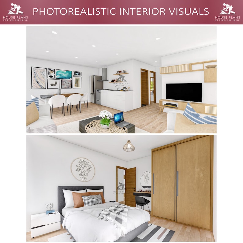 May include: Photorealistic interior visuals of a modern home, including a living room and bedroom. The living area has a white kitchen, dining table, and sofa. The bedroom features a bed, bedside table, and a large wooden wardrobe. The image includes the text "PHOTOREALISTIC INTERIOR VISUALS".