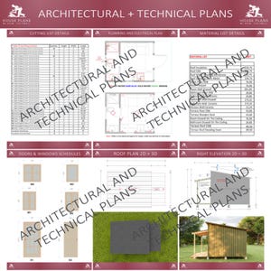 Op de afbeelding: Een gedetailleerd document met architectonische en technische plannen. Het document bevat details van de snijlijst, loodgieters- en elektrische plannen, materiaallijsten, deur- en raamschema's, dakplannen en rechteraanzichten. De tekst "ARCHITECTUUR EN TECHNISCHE PLANNEN" staat over de afbeelding.