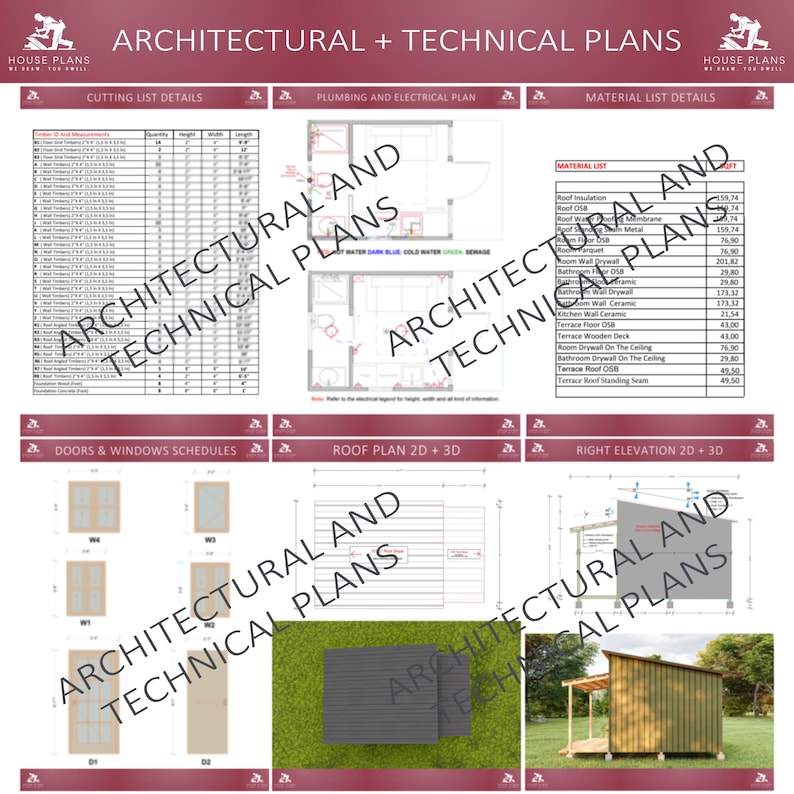 Op de afbeelding: Een gedetailleerd document met architectonische en technische plannen. Het document bevat details van de snijlijst, loodgieters- en elektrische plannen, materiaallijsten, deur- en raamschema's, dakplannen en rechteraanzichten. De tekst "ARCHITECTUUR EN TECHNISCHE PLANNEN" staat over de afbeelding.