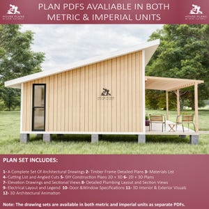 May include: A 3D rendering of a small house plan with a covered patio. The house is made of wood and has a modern design. The text "PLAN PDFS AVAILABLE IN BOTH METRIC & IMPERIAL UNITS" is displayed at the top of the image. The text "PLAN SET INCLUDES" is displayed at the bottom of the image, followed by a list of 12 plan items.