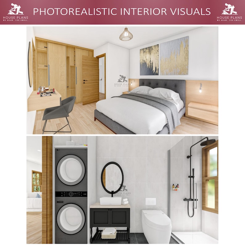 May include: Photorealistic interior visuals of a bedroom and a bathroom. The bedroom includes a bed, a dressing table, and a large wardrobe. The bathroom features a toilet, a sink, and a shower. The image has the text "PHOTOREALISTIC INTERIOR VISUALS".
