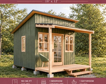 Modern Cottage House Plan 10x12, Cabin DIY, Tiny House Plans, Small Shed