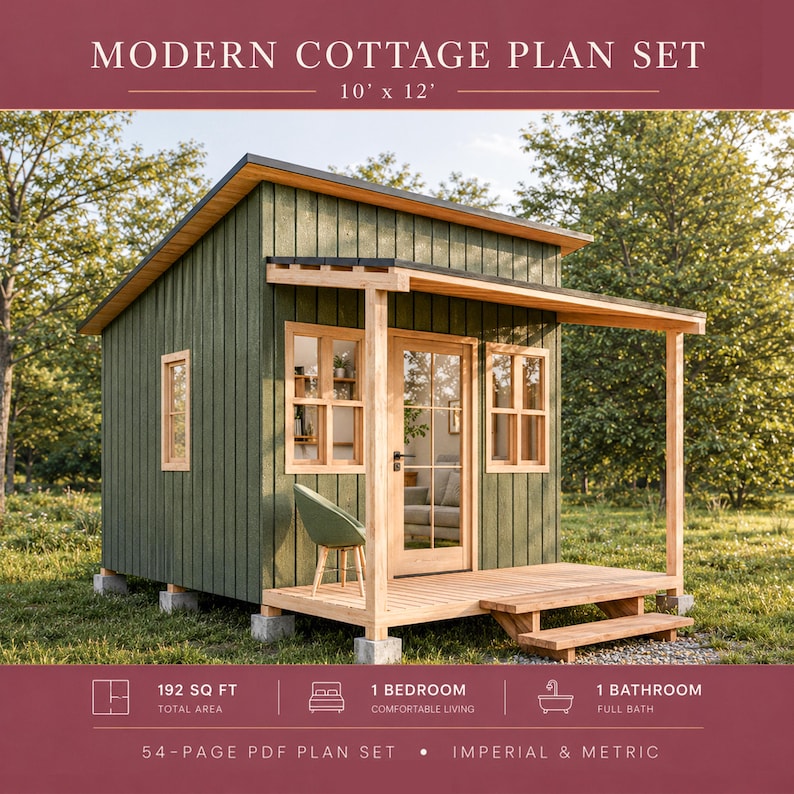 Modern huisje (10x12 meter), doe-het-zelf blokhut, plannen voor een tiny house, klein schuurtje afbeelding 1
