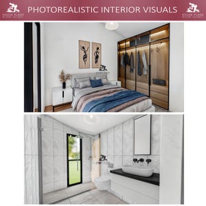 May include: A photorealistic rendering of a modern bedroom with a large closet, a bed with a blue and gray comforter, and two black and white art prints on the wall. The closet has a wood and black metal frame with glass doors. The bedroom has a white ceiling and white walls.
