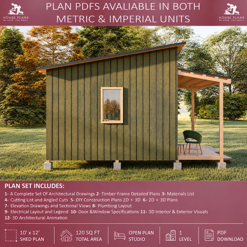 Modern huisje (10x12 meter), doe-het-zelf blokhut, plannen voor een tiny house, klein schuurtje afbeelding 6