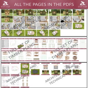Op de afbeelding: Een digitaal document met plattegronden, inclusief 3D-visualisaties, houten plannen en architectonische en technische plannen. Het document bevat verschillende huisontwerpen, met gedetailleerde lay-outs en constructiediagrammen. De tekst op de afbeelding luidt "ALL THE PAGES IN THE PDFS".