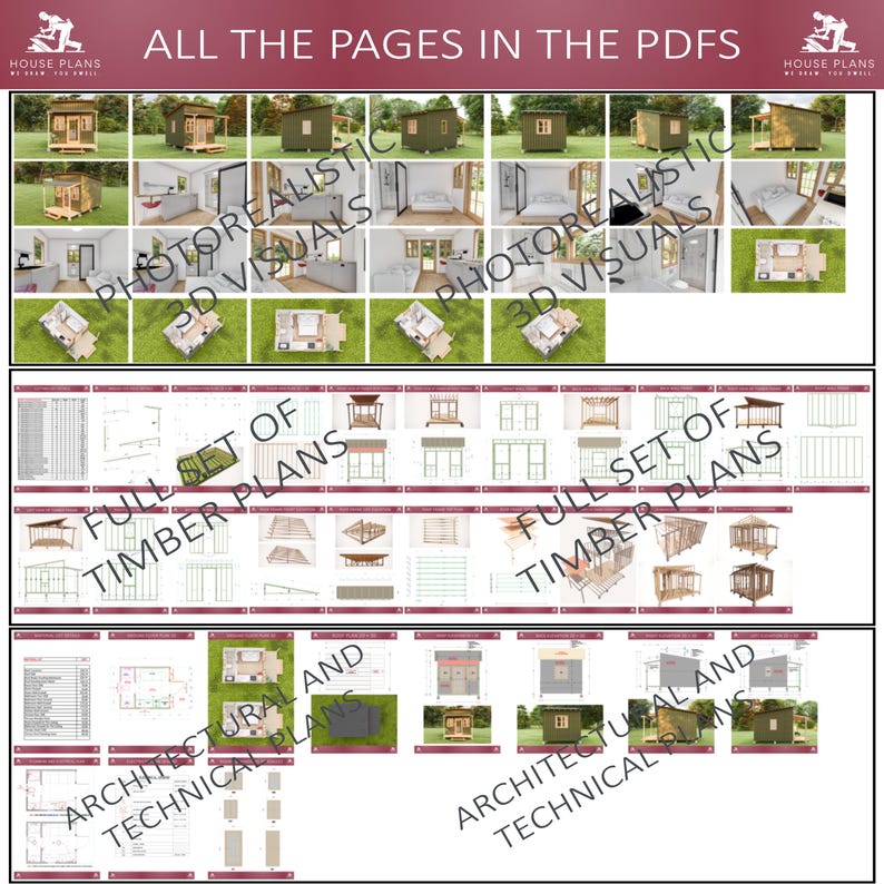 Op de afbeelding: Een digitaal document met plattegronden, inclusief 3D-visualisaties, houten plannen en architectonische en technische plannen. Het document bevat verschillende huisontwerpen, met gedetailleerde lay-outs en constructiediagrammen. De tekst op de afbeelding luidt "ALL THE PAGES IN THE PDFS".