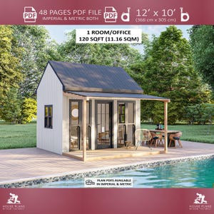 May include: A digital rendering of a small cabin with a dark grey roof and white walls. The cabin has a porch with a table and chairs. The image includes text that reads "366 cm x 305 cm" and "1 Room/Office".