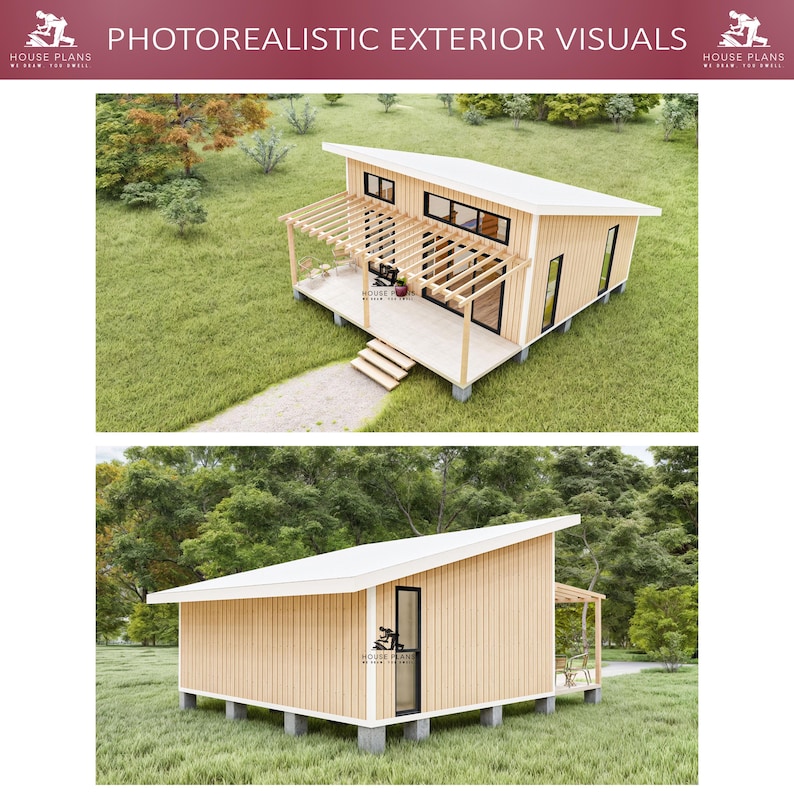 May include: A photorealistic rendering of a small, modern, wooden house with a white roof. The house has a covered porch and a set of stairs leading up to the front door. The house is surrounded by green grass and trees.
