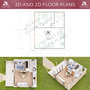 May include: A 2D floor plan of a small house with a bedroom, bathroom, living room, and kitchen. The plan is shown in a light blue color with black lines. The house is 26 feet wide and 20 feet long. The plan also includes a 3D rendering of the house, showing the exterior and interior.