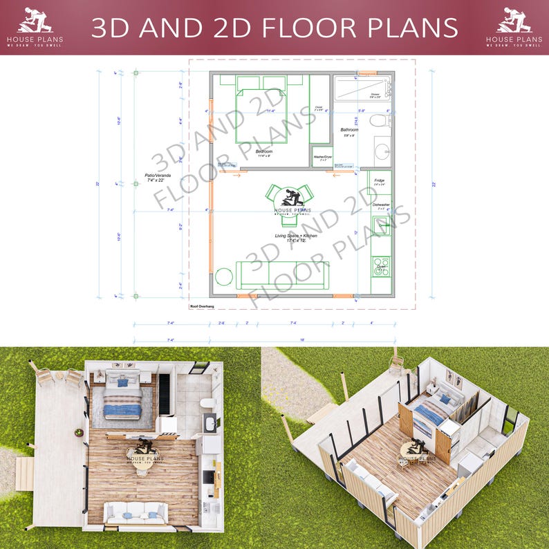May include: A 2D floor plan of a small house with a bedroom, bathroom, living room, and kitchen. The plan is shown in a light blue color with black lines. The house is 26 feet wide and 20 feet long. The plan also includes a 3D rendering of the house, showing the exterior and interior.
