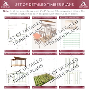 Op de afbeelding: Een set gedetailleerde houtbouwplannen met diverse diagrammen en illustraties. De plannen bevatten details van schuine sneden, 3D-afbeeldingen van framecomponenten en dakframe-bovenaanzichten. De plannen gebruiken houten stukken van 5 cm x 10 cm.