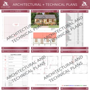 May include: A set of architectural and technical house plans, featuring roof plans, front elevations, electrical plans, and plumbing layouts. The plans are labelled with text and diagrams, and include a material list. The top of the image reads "ARCHITECTURAL + TECHNICAL PLANS".