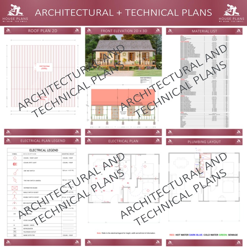 May include: A set of architectural and technical house plans, featuring roof plans, front elevations, electrical plans, and plumbing layouts. The plans are labelled with text and diagrams, and include a material list. The top of the image reads "ARCHITECTURAL + TECHNICAL PLANS".