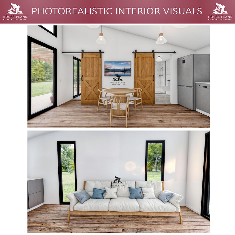 May include: A photorealistic rendering of a modern home interior with a dining area and a living room. The dining area features a wooden table with four chairs, a large window, and a pair of wooden barn doors. The living room features a white couch with blue pillows, a large window, and a gray wall.