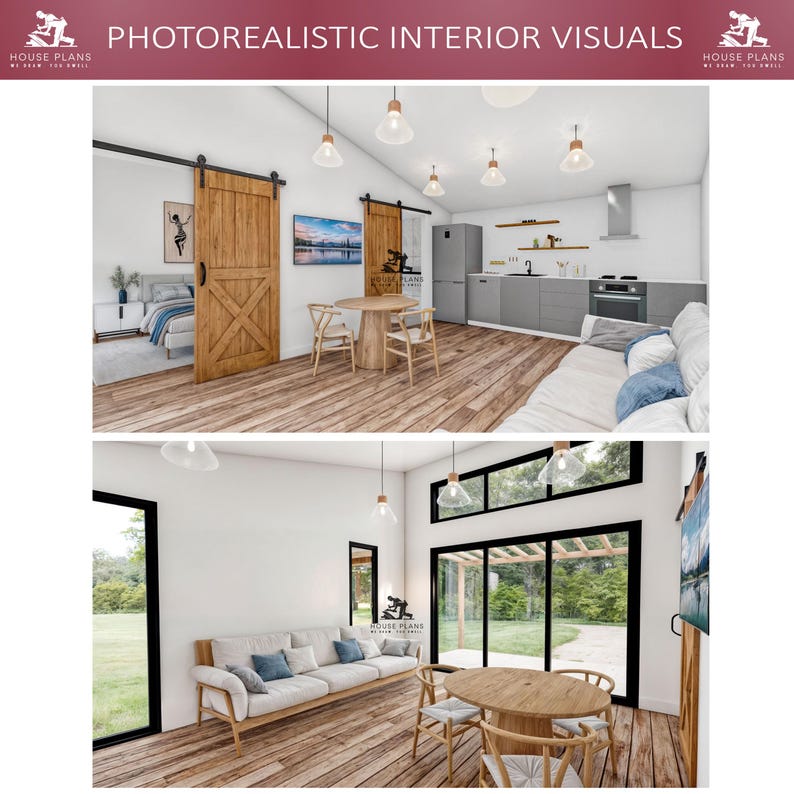 May include: Two interior design renderings of a modern home with large windows, hardwood floors, and a white color scheme. The first image shows a living room with a couch, a dining table, and a kitchen. The second image shows a living room with a couch, a dining table, and a view of a backyard.