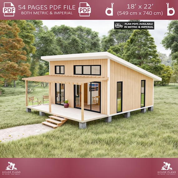 Tiny House Plans 18x22, Cabin House Plans, DIY Tiny Home, Small Cabin Plans, 1 Bedroom House Plans, 400 SQFT Adu House Plans, Cottage Plans