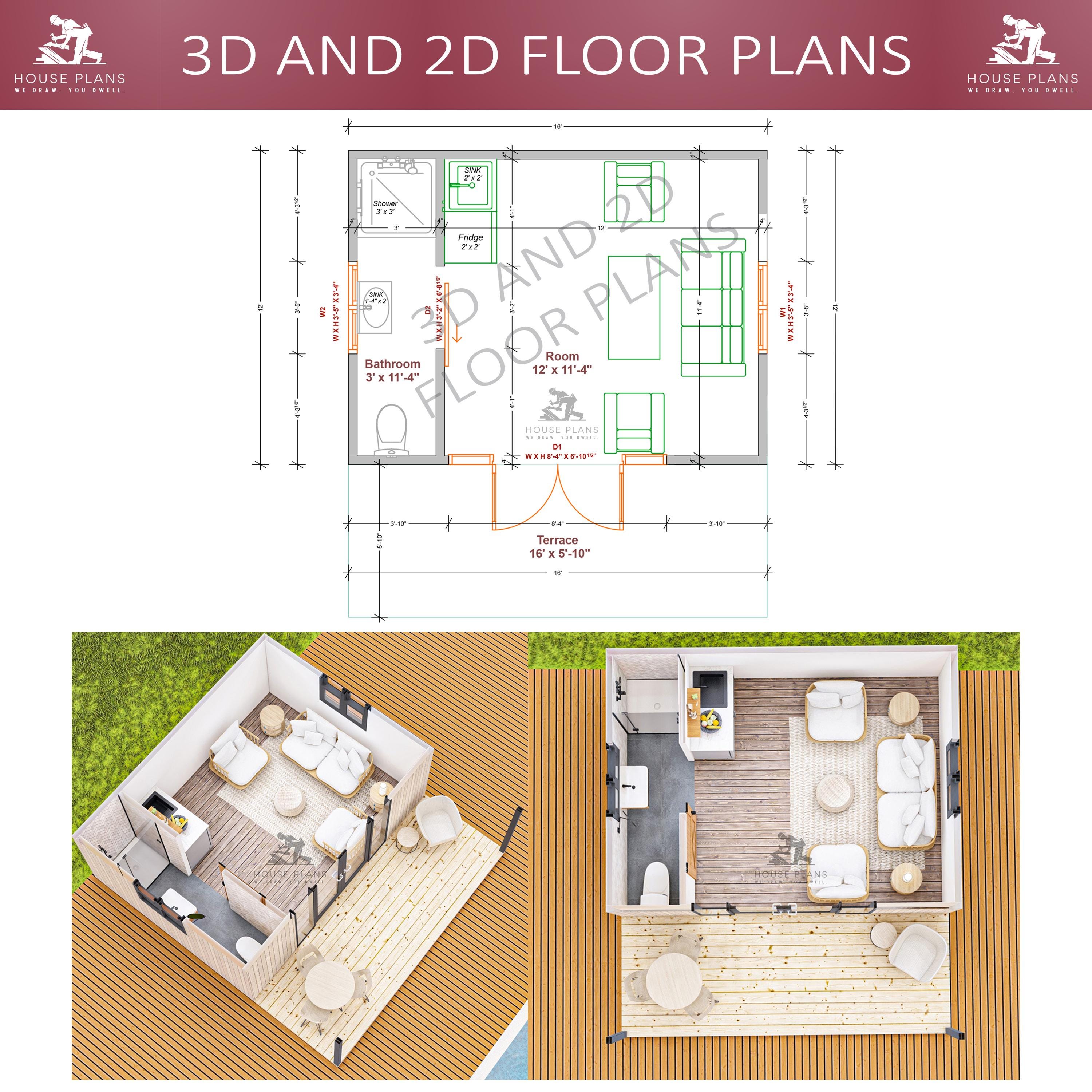 12' X 16' Pool House Plans, Tiny House Plan, 192 SQFT, Guest Cabin ...