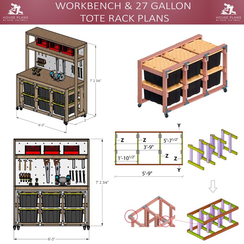 DIY Garage Workbench Plans, Wooden Storage Shelf & Tote Rack (PDF) - Etsy