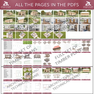 May include: A collage of images showing the pages included in a set of house plans. The plans include 3D renderings of the house, timber framing plans, and architectural and technical plans. The text "ALL THE PAGES IN THE PDFS" is at the top of the image.