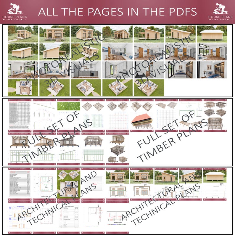 May include: A collage of images showing the pages included in a set of house plans. The plans include 3D renderings of the house, timber framing plans, and architectural and technical plans. The text "ALL THE PAGES IN THE PDFS" is at the top of the image.