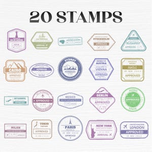 K&ouml;nnte beinhalten: Eine Sammlung von 20 Reisestempeln mit verschiedenen St&auml;dten wie Paris, New York und London. Jeder Stempel hat eine einzigartige Form und Farbe, mit Text, der den Stadtnamen, das Datum und den Genehmigungsstatus angibt. Das Wort "STAMPS" steht oben.