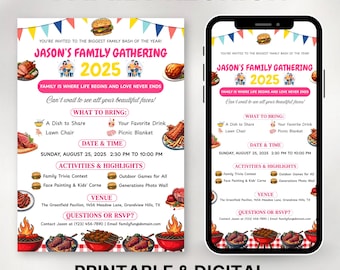 Modello di volantino modificabile per riunione di famiglia, volantino per barbecue per riunione di famiglia, invito per riunione, invito per festa barbecue, modello Canva