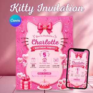 Może przedstawiać: Różowe zaproszenie na przyjęcie urodzinowe w kształcie głowy kota z dużą kokardą, zawierające tekst 'You're Invited to a Charlotte BIRTHDAY PARTY! IS TURNING 5', datę, lokalizację, godzinę i szczegóły RSVP, obok smartfona wyświetlającego ten sam projekt.