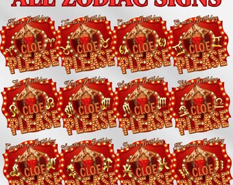 Pakiet projektów urodzinowych ze znakami zodiaku, naklejka na kubek styropianowy, kieliszek do wódki i projekt koszulki, projekt sublimacji horoskopu z czarną kokardką kokietki, Canva