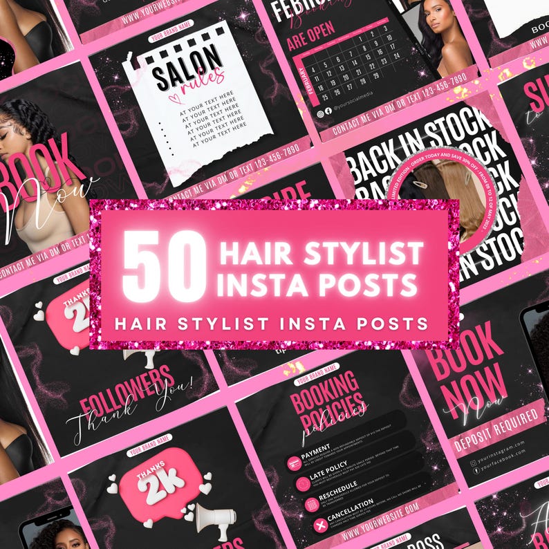 Hair Stylist Instagram Post Template, Black and Pink Hairstylist ...