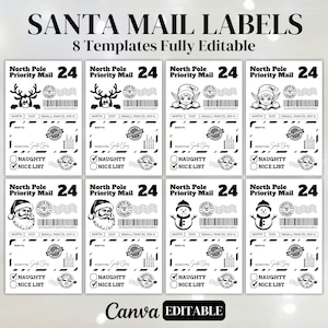 Puede incluir: Etiquetas de correo de Santa en blanco y negro con varios diseños festivos, incluyendo renos, elfos, Papá Noel y un muñeco de nieve. Cada etiqueta presenta el texto "North Pole Priority Mail 24" y espacio para información del destinatario. Totalmente editable.