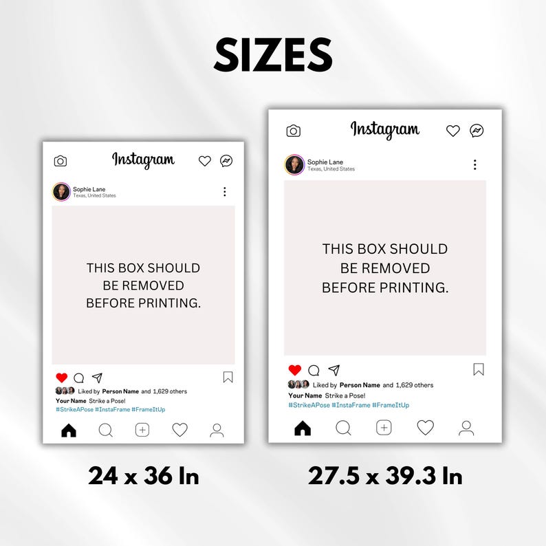 May include: Two Instagram post mockups with a white background and black text. The text says "This box should be removed before printing." The first mockup is 24 inches by 36 inches. The second mockup is 27.5 inches by 39.3 inches.