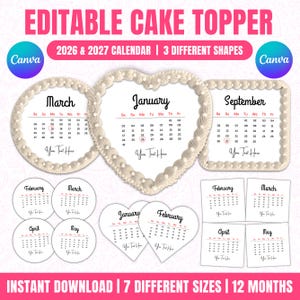 Heart shape Burn Away Cake Topper Bundle, 2026 2027 calendar for cake Circle Square Cake Decorating Template,12 Month Printable BurnawayCake